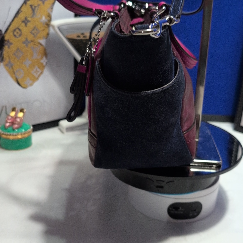 Coach Park Mini Quilted Colorblock In Navy Suede, Wine/ Pink Leather Purse - Picture 7 of 17